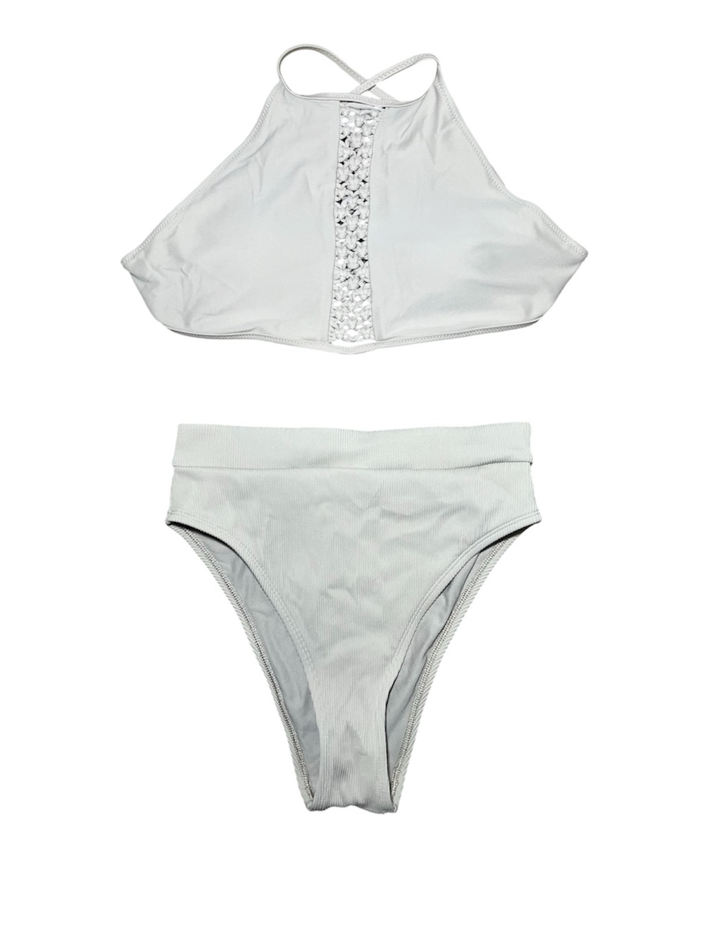 Aerie Gray Crochet Halter Top & Ribbed Bikini Bottom Swim Set